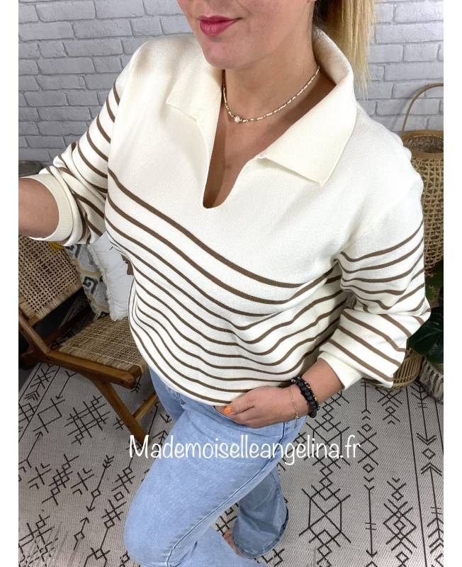 PULL MARRIN A COL CHEMISE BEIGE ET CAMEL