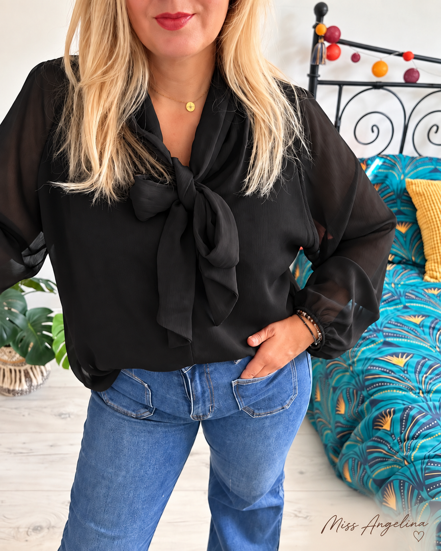 Blouse oversize noire à nœud – Taille unique
