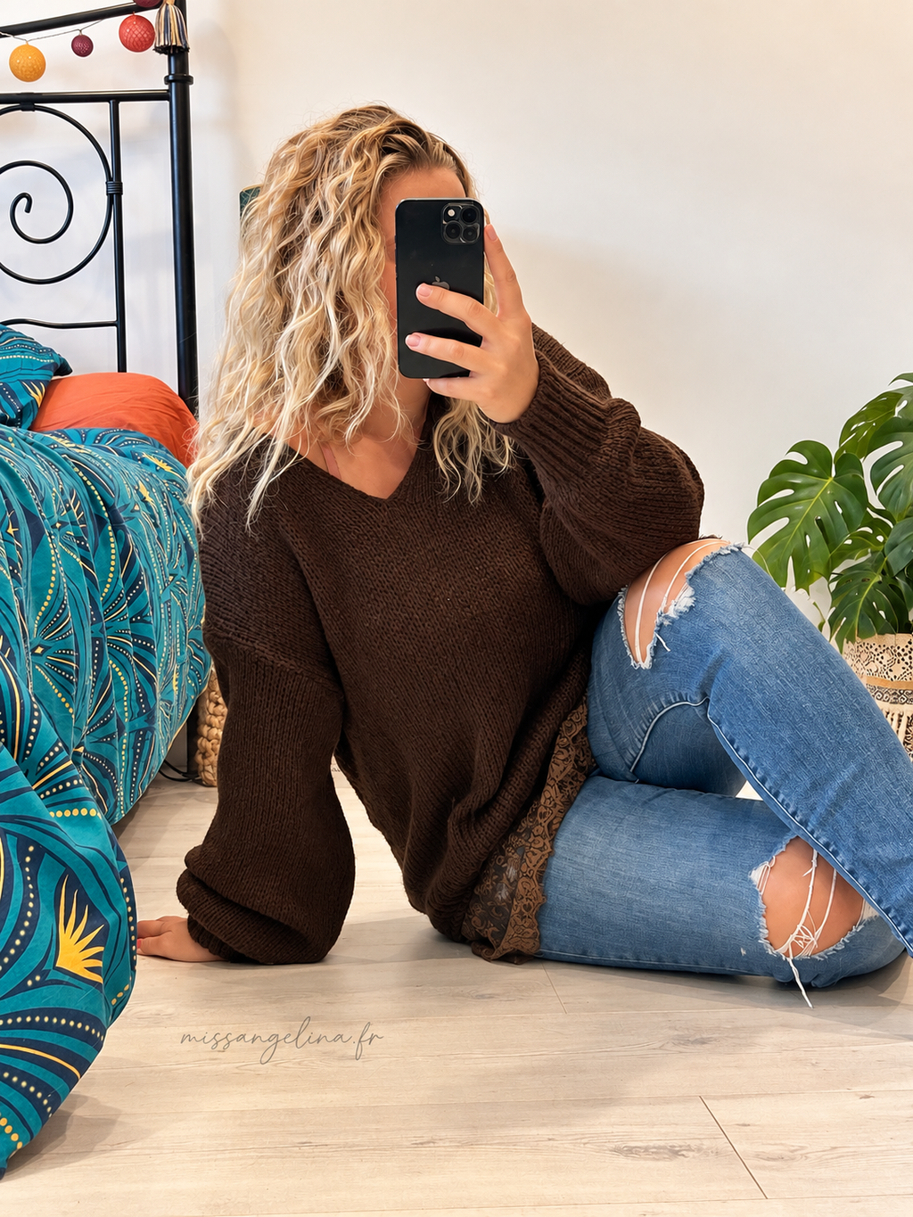 Pull long bas dentelle - Ophelia - marron