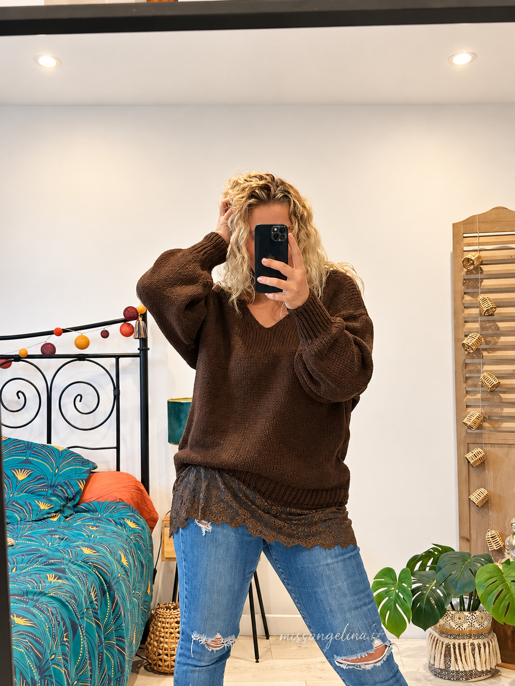Pull long bas dentelle - Ophelia - marron