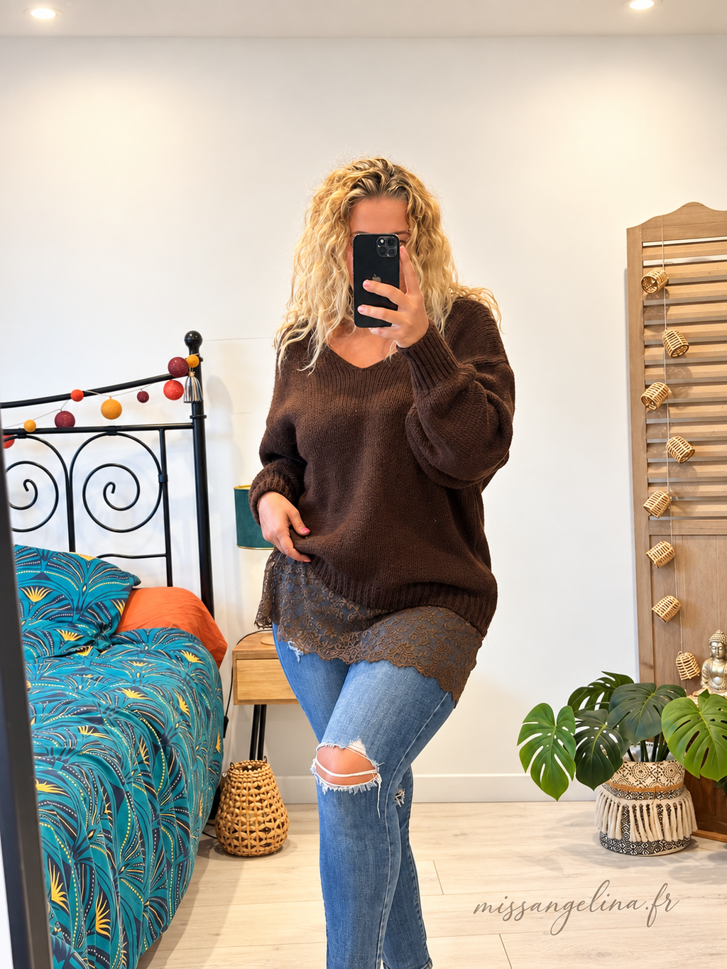 Pull long bas dentelle - Ophelia - marron