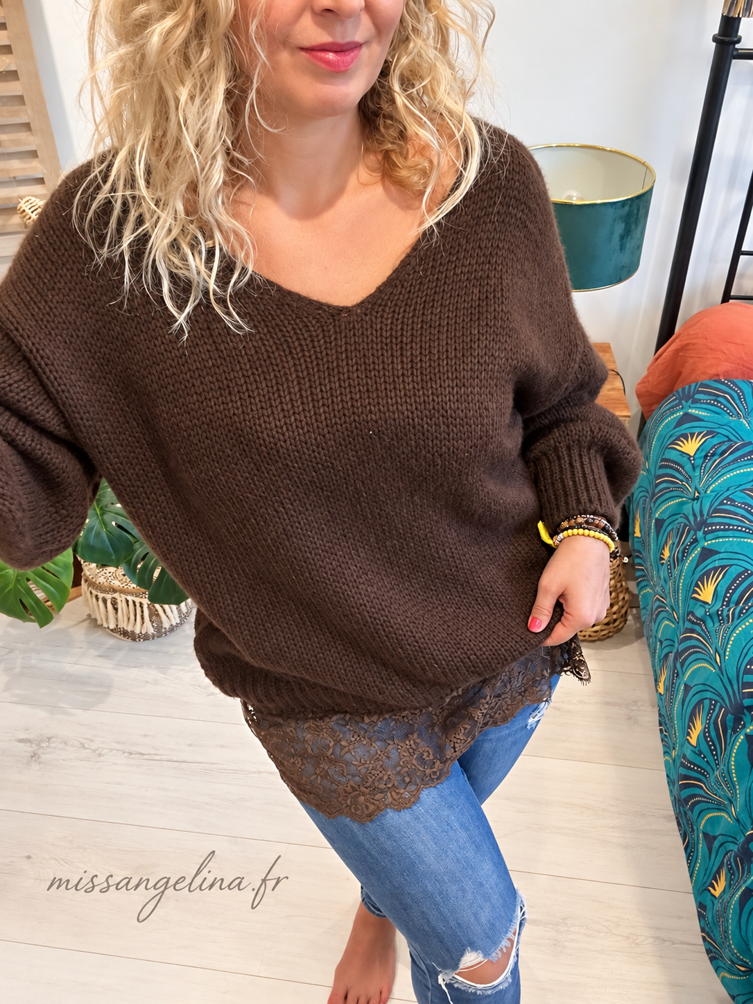 Pull long bas dentelle - Ophelia - marron