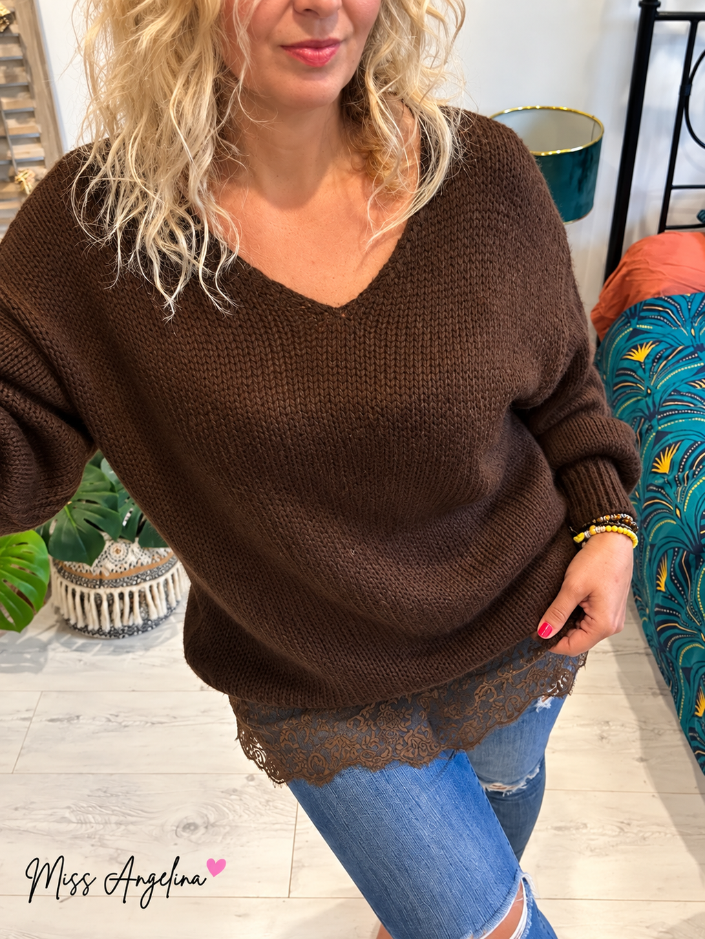 Pull long bas dentelle - Ophelia - marron