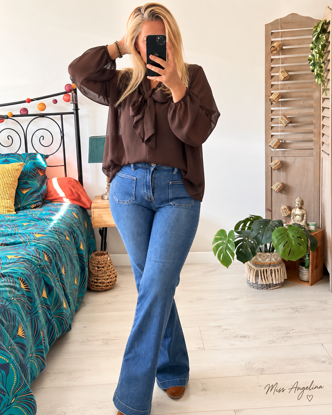 Blouse oversize chocolat à nœud – Taille unique