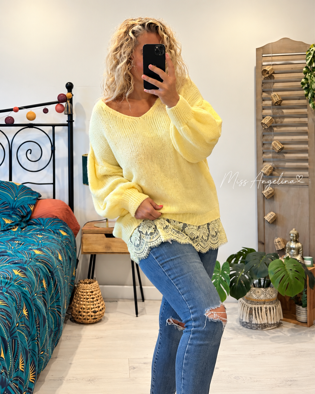 pull maille en laine made in italy grande taille jaune avec de la dentelle
