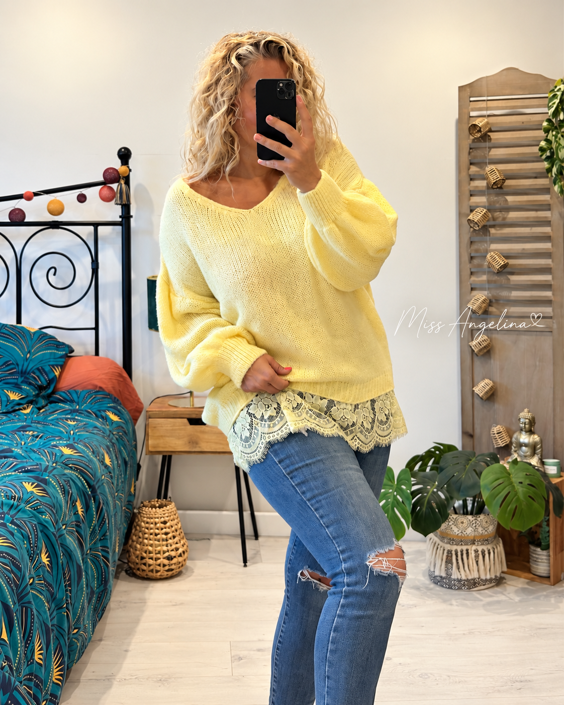 pull maille en laine made in italy grande taille jaune avec de la dentelle