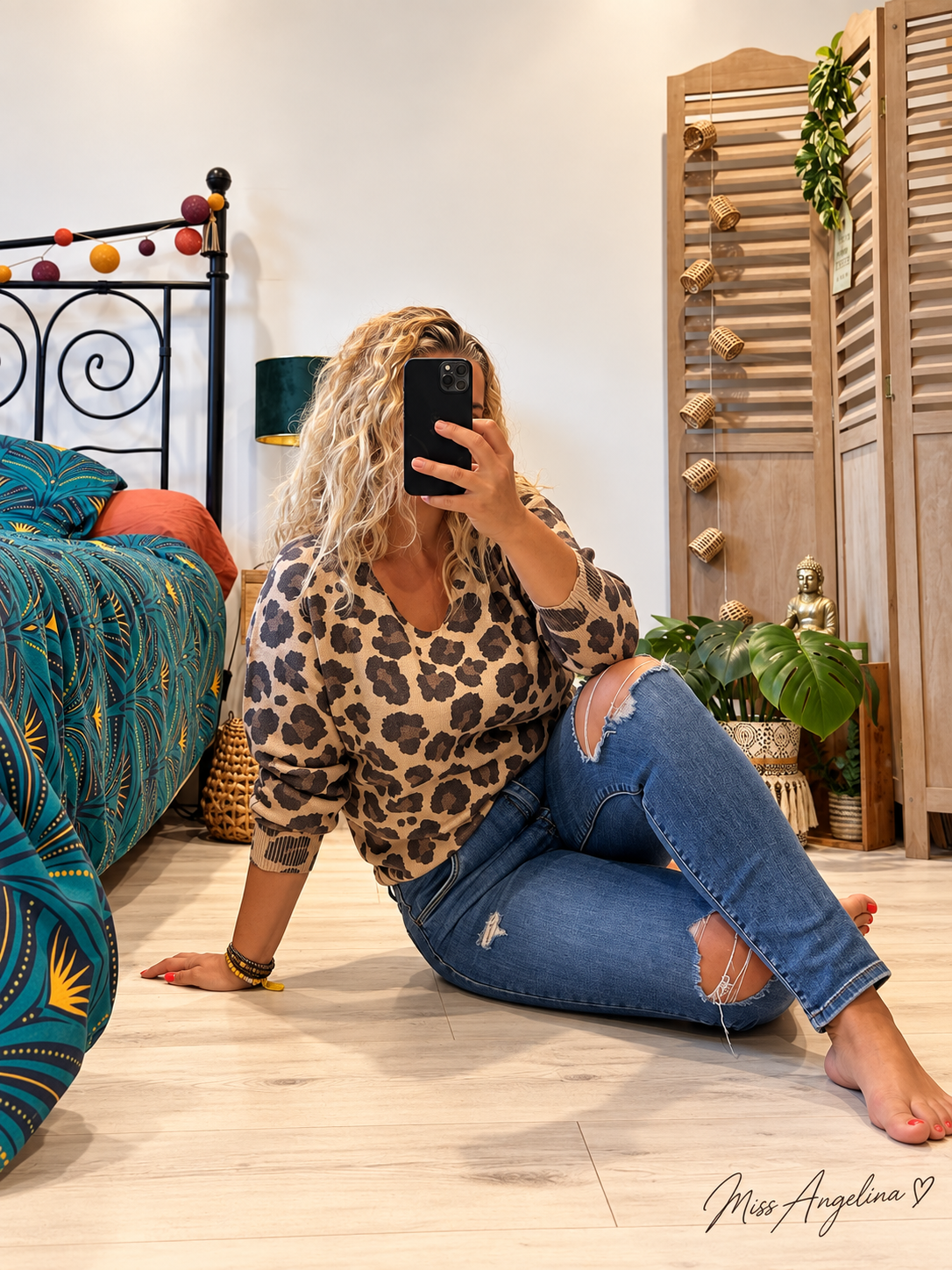 pull col V taille unique leopard