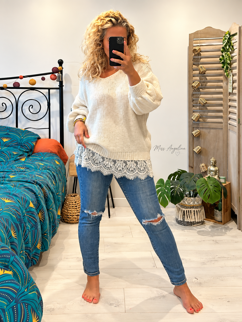 Pull en laine oversize avec grande bande dentelle