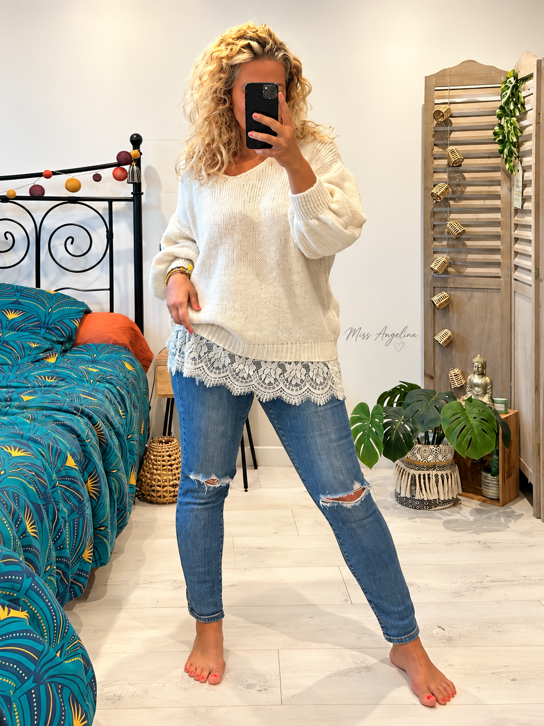 Pull en laine oversize avec grande bande dentelle